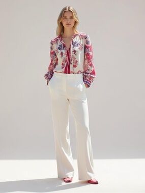Ciebon Pink Floral Retro Print Tie-Neck Blouse Small